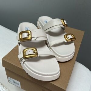 Steve Madden Bone Leather Slides with Gold Accents